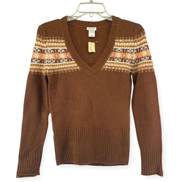 Cherokee Girl’s Brown Sequin Fair Isle V-Neck Pullover Sweater Large 8/10 - Picture 1 of 10